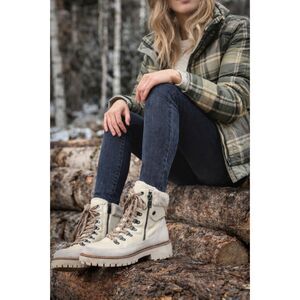 Blondo Natasia Waterproof Ankle Boots Women Beige Leather Suede Sherpa